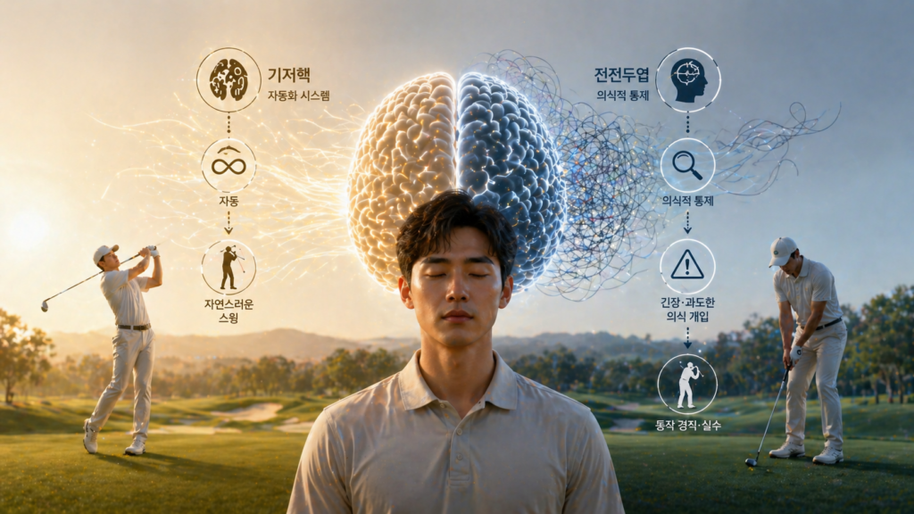 기저핵의 자동화 시스템과 전전두엽의 의식적 통제가 충돌하며 입스가 발생하는 뇌의 메커니즘